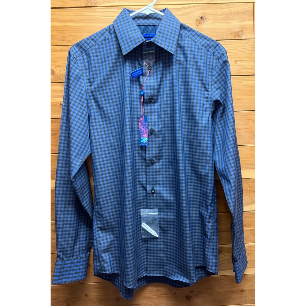 Egara Mens NWT Small Blue Black Gingham Dress Shirt Slim Fit Non-Iron